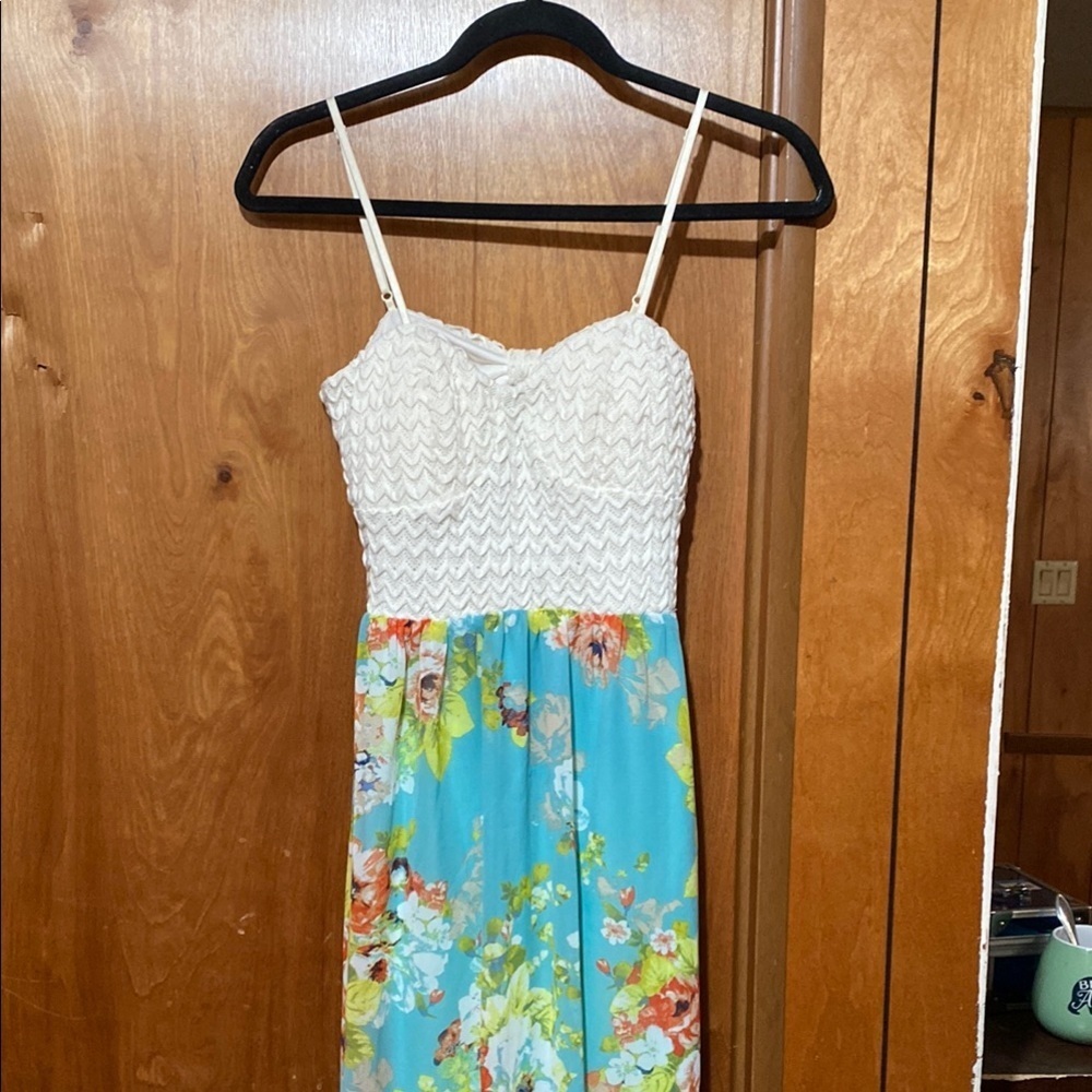 Trixxi White & Blue Small Spaghetti Strap Maxi Dress Summer Fairycore Whimsical